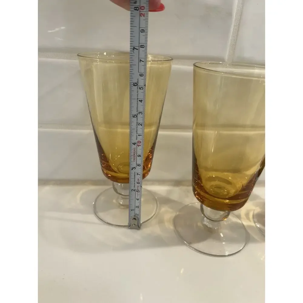 Vtg Set Of 4 Amber Crystal Iced Tea Glasses Bubble Accent Stems 3 Lg And 1 Small